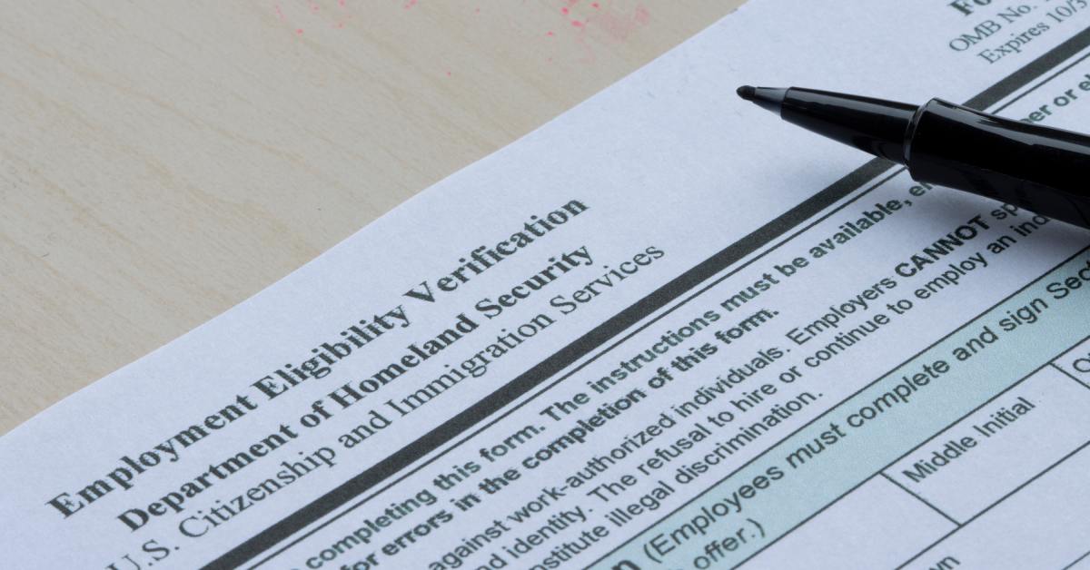A close-up of an employment eligibility verification form from the US Department of Homeland Security.